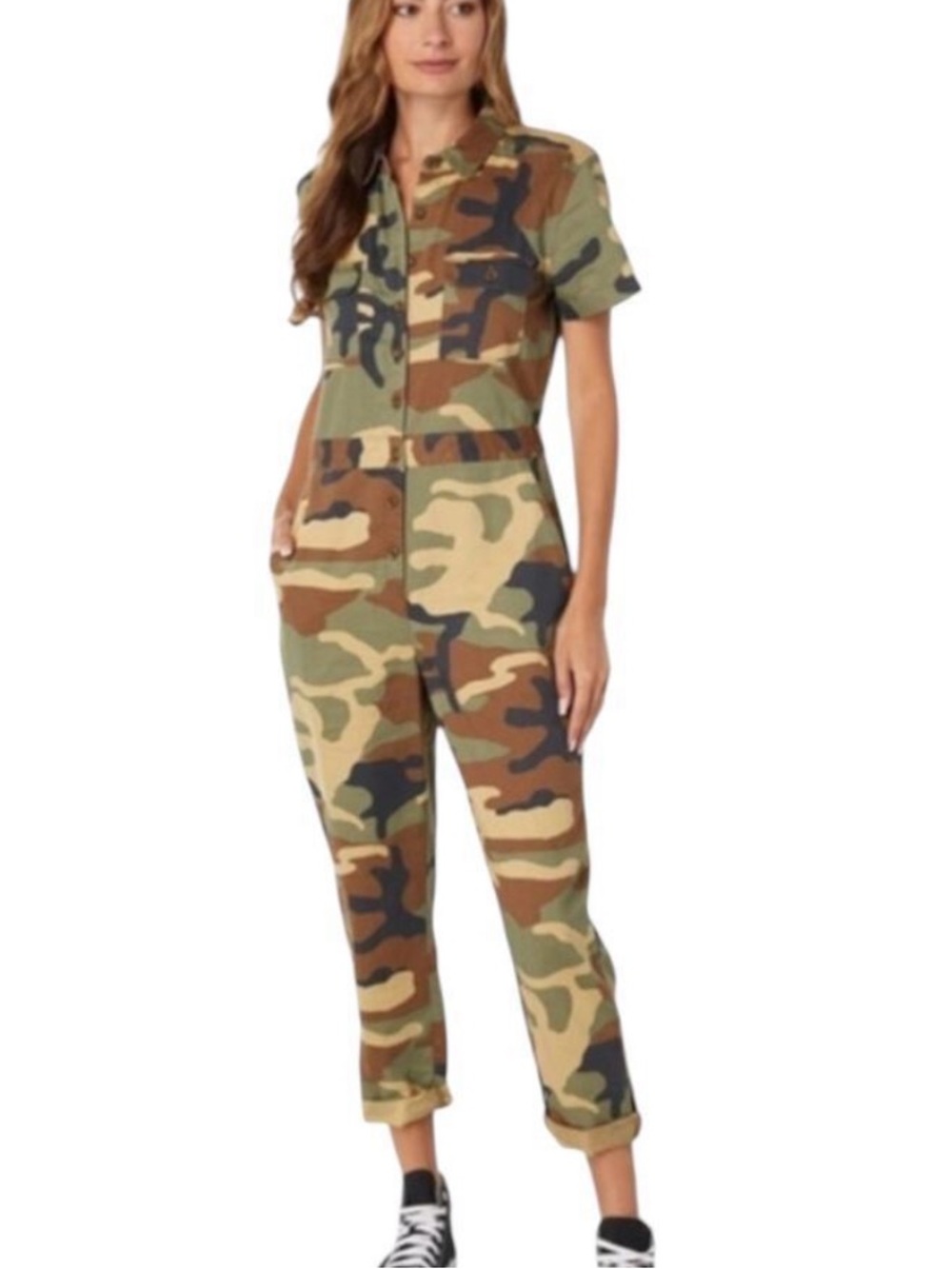 OUTERKNOWN Utility Casual Organic Cotton & Linen Short SLV Army Camo Jumpsuit S